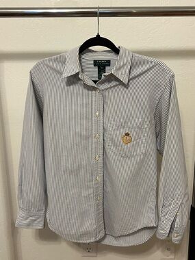 Ralph Lauren Blue & White Striped Button-Down Shirt with Embroidered Crest